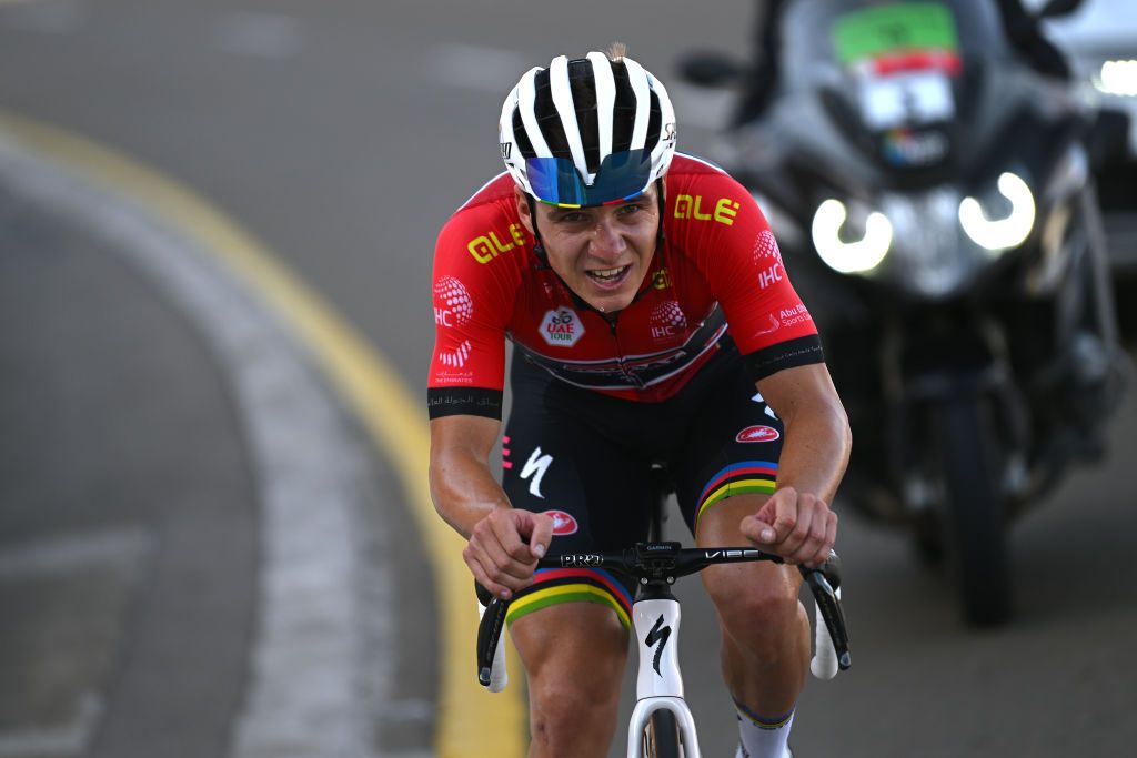 JEBEL HAFEET UNITED ARAB EMIRATES FEBRUARY 26 Remco Evenepoel of Belgium and Team Soudal QuickStep Red Leader Jersey competes in the breakaway during the 5th UAE Tour 2023 Stage 7 a 153km stage from Hazza Bin Zayed Stadium to Jebel Hafeet 1029m UAETour UCIWT on February 26 2023 in Jebel Hafeet United Arab Emirates Photo by Dario BelingheriGetty Images