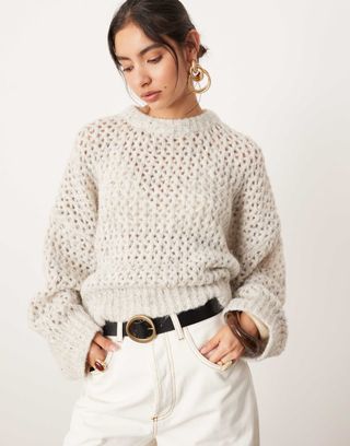 Asos Edition Knitted Open Stitch Oversized Boxy Jumper in Oatmeal Marl