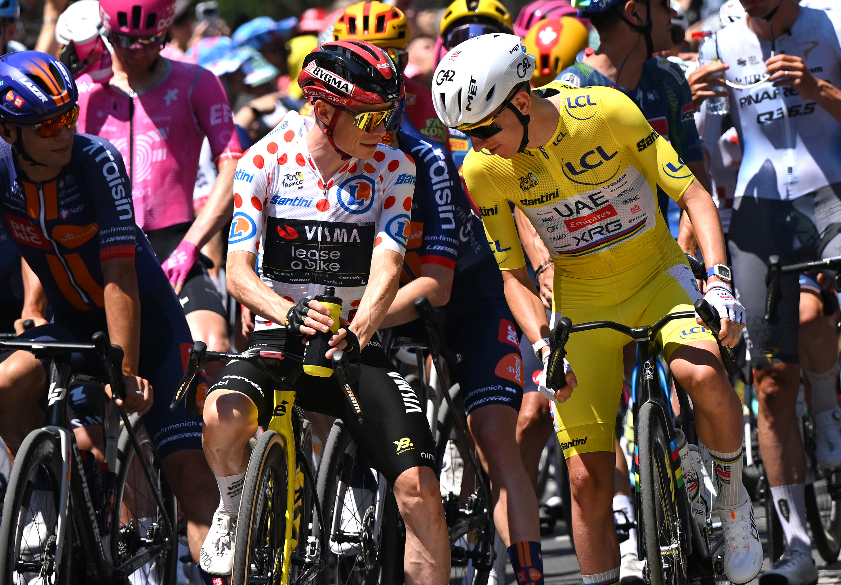 Tadej Pogačar and Jonas Vingegaard at the start of stage 8 of the 2025 Tour de France
