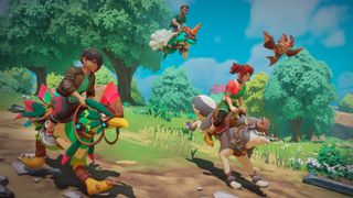 A trio of Temtem tamers riding their Temtem in Temtem: Pioneers, a Temtem game with Temtem in it.