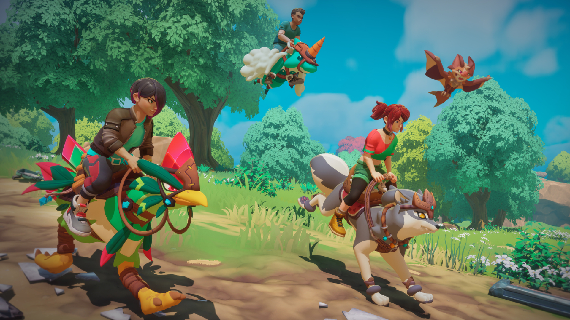 A trio of Temtem tamers riding their Temtem in Temtem: Pioneers, a Temtem game with Temtem in it.