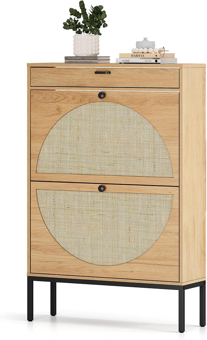 XIAO WEI, Xiao Wei Shoe Cabinet, Natural Semi Circle Rattan Shoe Storage Organizer Cabinet With 2 Flip Drawers, Freestanding Shoe Rack With Adjustable Shelf for Entryway (large Size)