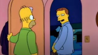Lionel Hutz glares slyly in the doorway in The Simpsons.