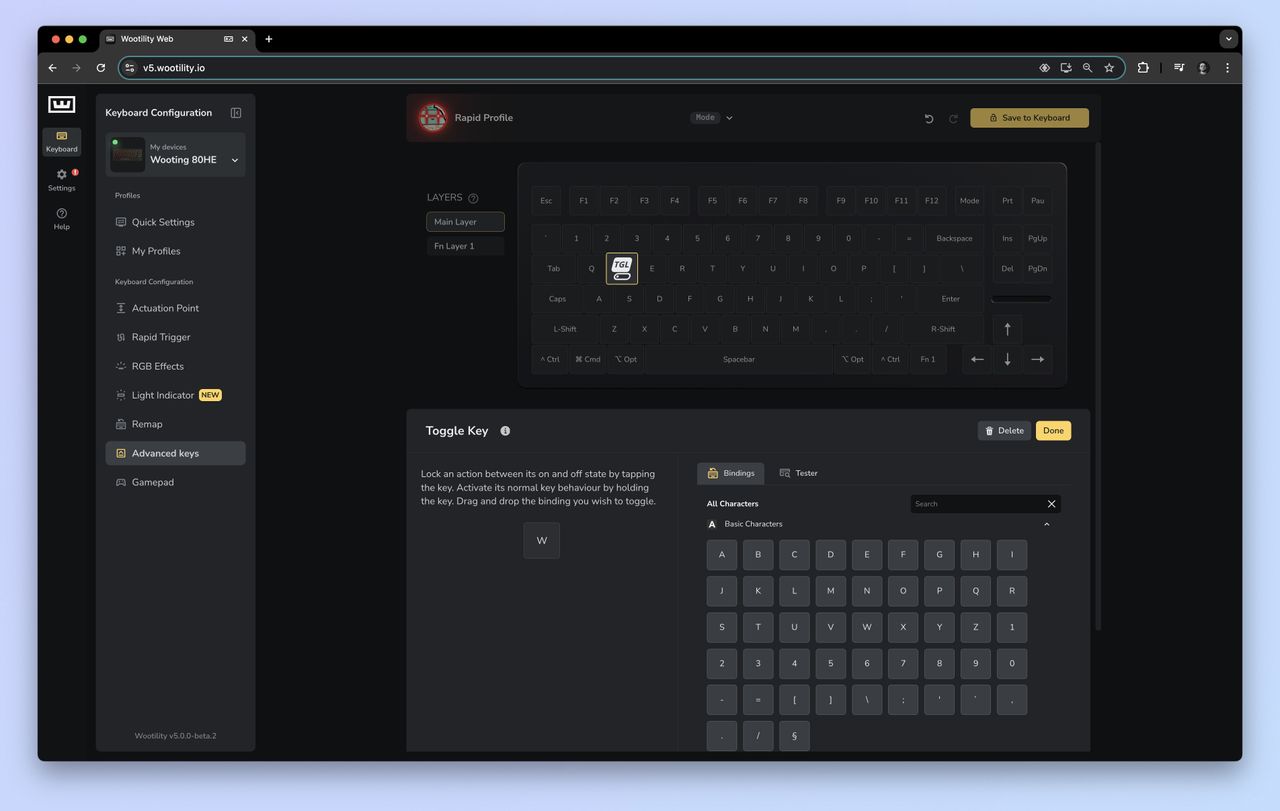 The Wootility.io app being used to customize the Wooting 80HE
