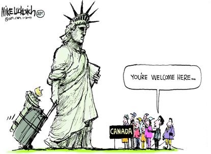 Political Cartoon U.S. Statue of Liberty immigrates to Canada