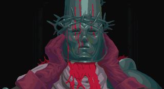 Blasphemous screenshot - character lifting off a helmet wrapped in barbed wire and dripping blood