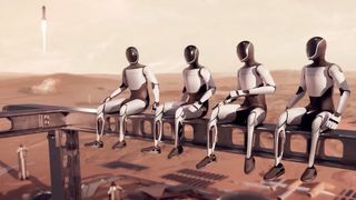 Artist's illustration of Tesla's Optimus robots helping to build a Mars settlement.
