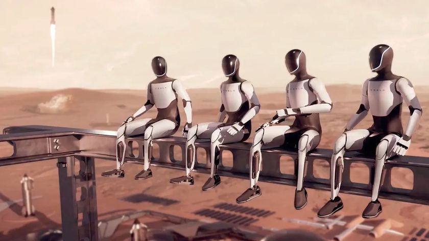 Artist&#039;s illustration of Tesla&#039;s Optimus robots helping to build a Mars settlement.