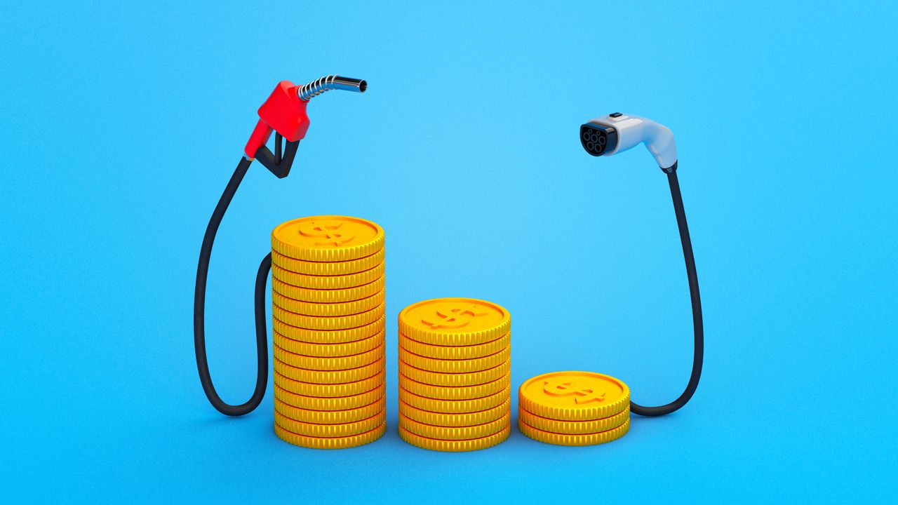 An illustration of money and gas pumps