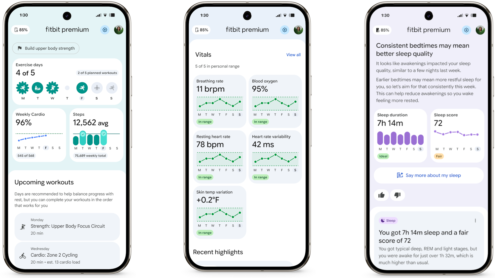 Three Fitbit app screenshots for the new Personal Health Coach Public Preview, each focused on one tab: Fitness, Sleep, and Health, with relevant widgets for each.