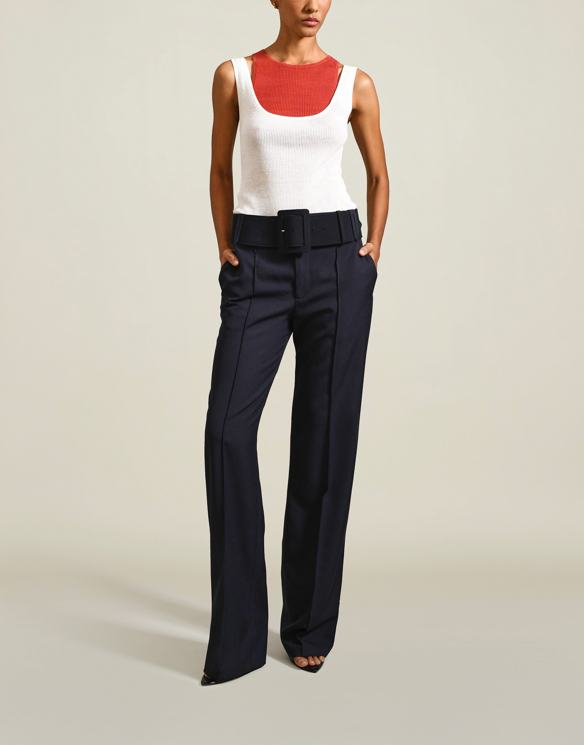 Genevieve Trouser (with Belt) in Navy Sunny Wool