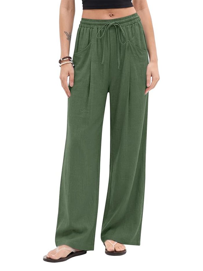 LOMON, Lomon Womens Linen Wide Leg Pants Casual Loose Drawstring Palazzo Cotton Pants Summer Beach Travel Vacation With Pockets (army Green Xl)