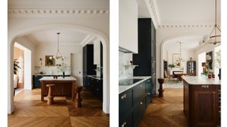 kitchen n a period london home with chevron wood flooring and a square wood kitchen island, then looking through into a dining room