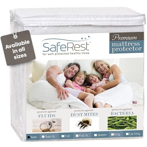 Saferest Waterproof Twin Size Mattress Protector - Fitted With Stretchable Pockets - Machine Washable Cotton Blend Mattress Cover for Bed