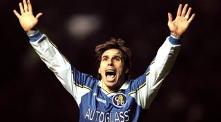 16 Dec 1998: Gianfranco Zola of Chelsea celebrates after scoring against Manchester United in the FA Carling Premiership match at Old Trafford in Manchester, England. The game ended 1-1. \ Mandatory Credit: Alex Livesey /Allsport