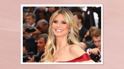 Heidi Klum is pictured with long, wavy 'Shadow Blonde'-style hair at the "Le Deuxième Acte" ("The Second Act") Screening & opening ceremony red carpet at the 77th annual Cannes Film Festival at Palais des Festivals on May 14, 2024 in Cannes, France/ in a pink template