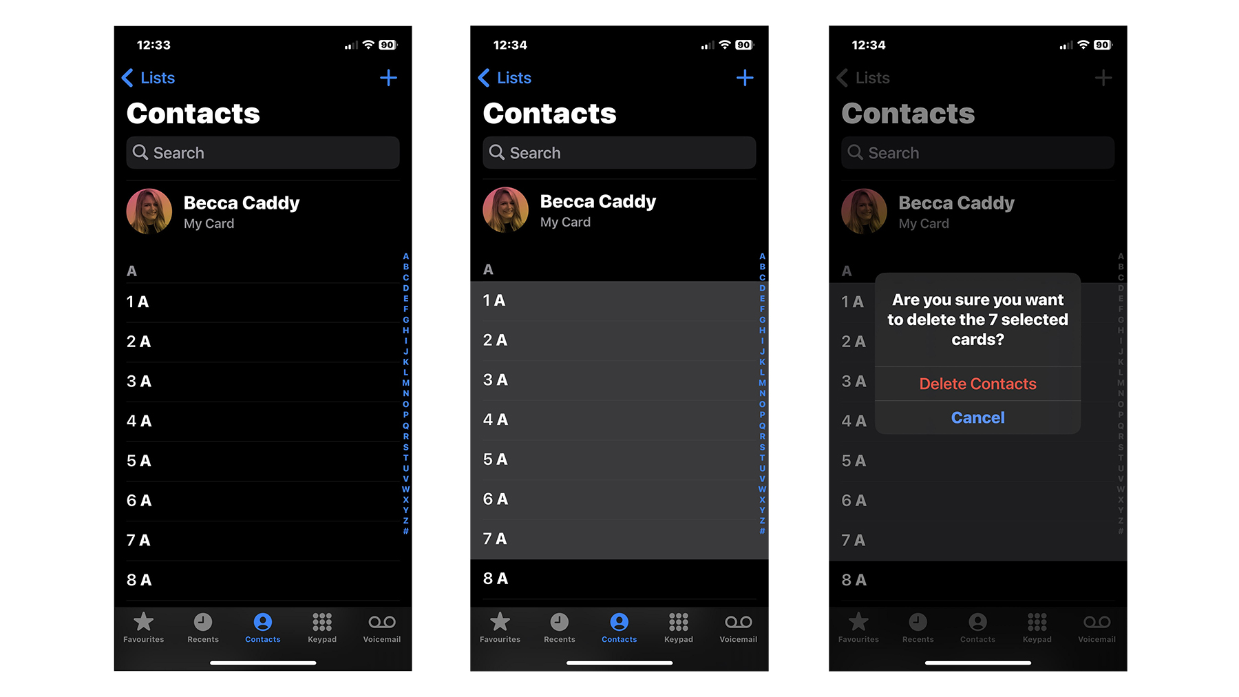 Скриншот процесса удаления более одного контакта с iphone
