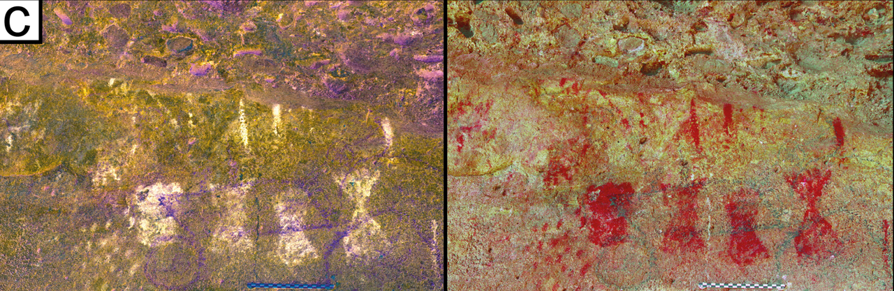 We see an actual photo of rock art &mdash; it is decorated with white triangles. Next to it, we see the same image enhanced digitally with red triangles.