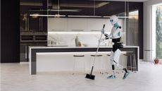 Humanoid robot sweeping the floor in a modern, high-end kitchen representing physical AI