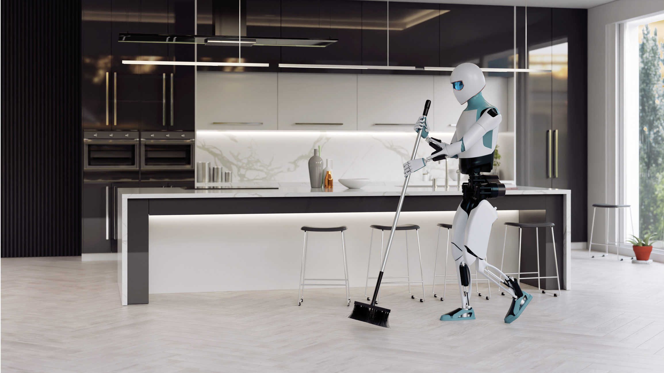 Humanoid robot sweeping the floor in a modern, high-end kitchen representing physical AI