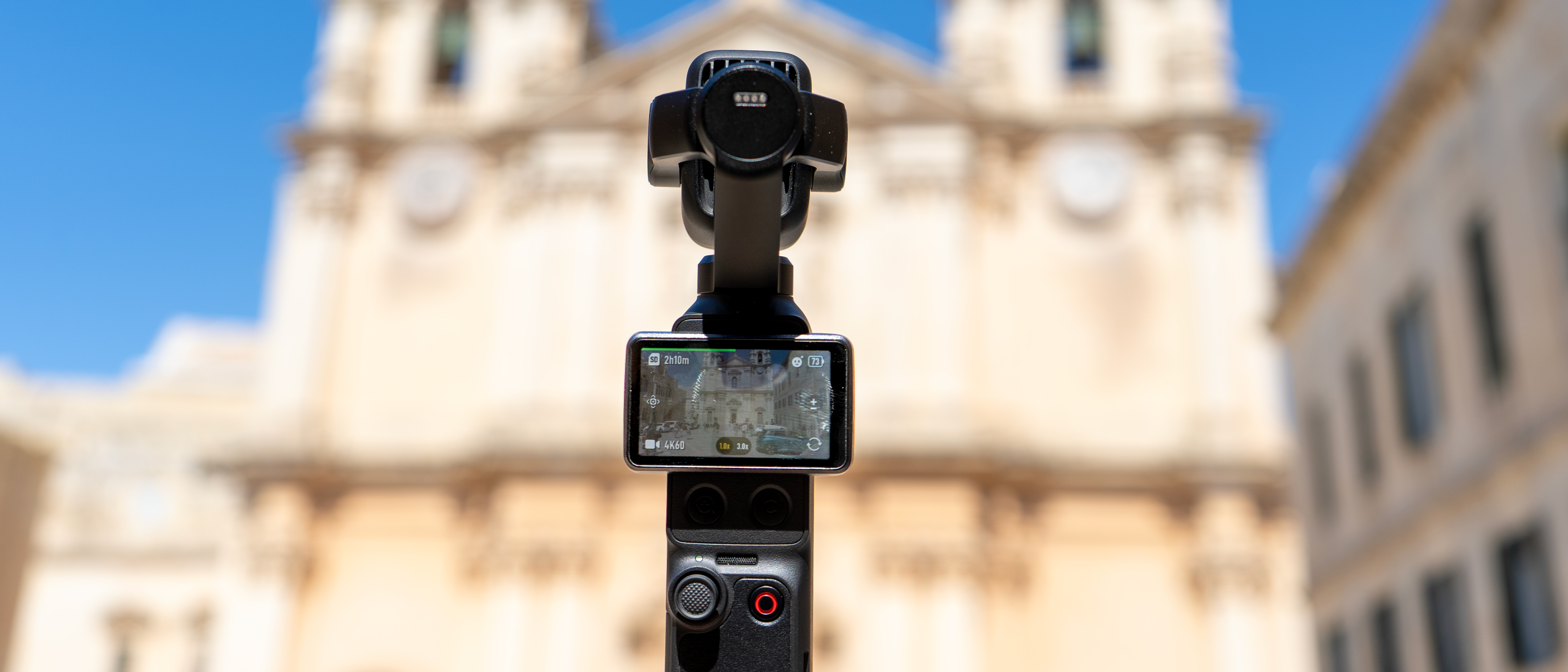 DJI Osmo Pocket 4P in front of Mediterranean church