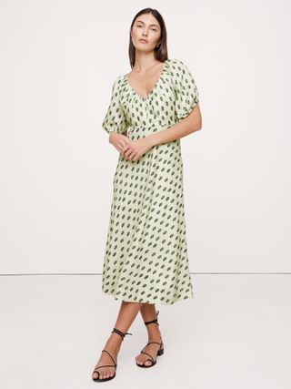 Viscose-Linen Ruched Long Midi Dress