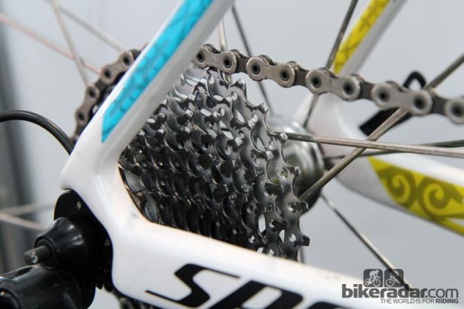 Interestingly, this Astana Specialized S-Works Tarmac SL4 has a monstrous 12-29T cassette fitted for a training ride before the start of Stage 1.