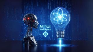 Generated with AI, Image of an AI robot and a lightbulb powered by Atomic energy