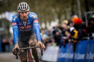 Mathieu van der Poel (Alpecin-Deceuninck) competes at the X2O Trofee in Herentals during the 2022-23 cyclocross season