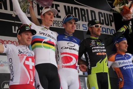 Elite men's podium in the La Bresse, France World Cup