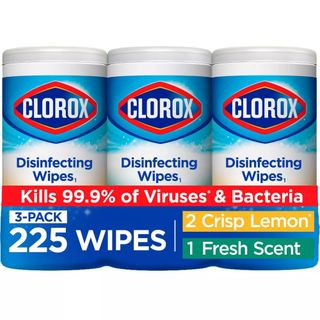 3 pack of Clorox disinfecting wipes with white lids and blue and red labels