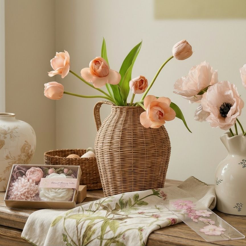An assortment of Magnolia vases, soaps, faux flowers and tea towels on a table.