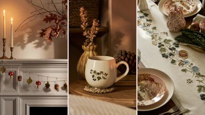 Three of Sophie Allport's countryside styling essentials, an autumnal garland hung on a fire place, a foliage-inspired mug by a vase, and a floral embroidered table runner