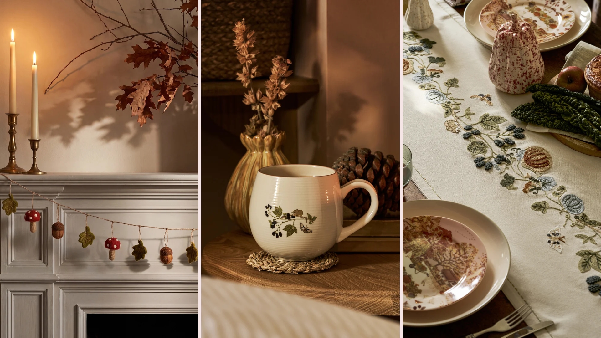 Three of Sophie Allport's countryside styling essentials, an autumnal garland hung on a fire place, a foliage-inspired mug by a vase, and a floral embroidered table runner