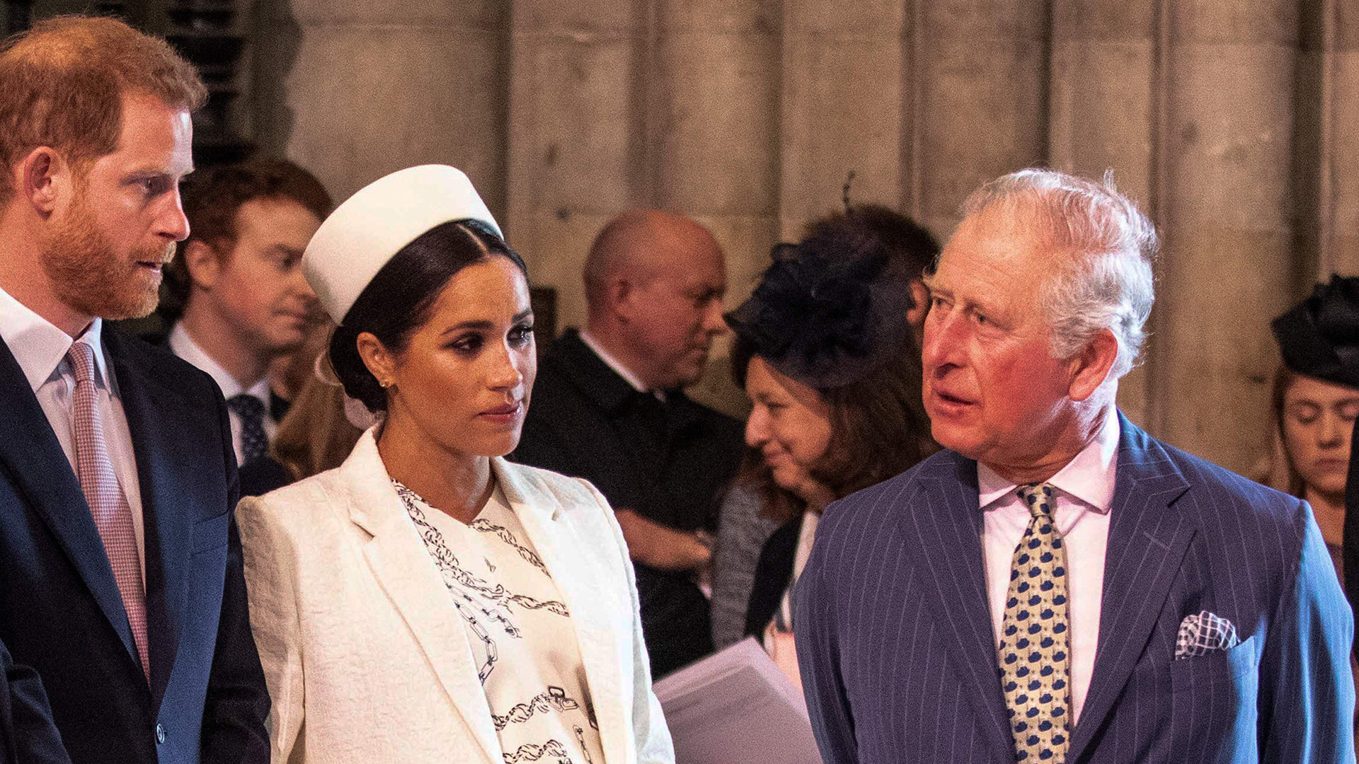 Britain&#039;s Meghan, Duchess of Sussex (2R) talks with Britain&#039;s Prince Charles, Prince of Wales (R) as Britain&#039;s Prince William, Duke of Cambridge, (L) talks with Britain&#039;s Prince Harry, Duke of Sussex, (2L) as they all attend the Commonwealth Day service at Westminster Abbey in London on March 11, 2019. Britain&#039;s Queen Elizabeth II has been the Head of the Commonwealth throughout her reign. Organised by the Royal Commonwealth Society, the Service is the largest annual inter-faith gathering in the United Kingdom. (Photo by Richard Pohle / POOL / AFP) (Photo by RICHARD POHLE/POOL/AFP via Getty Images)