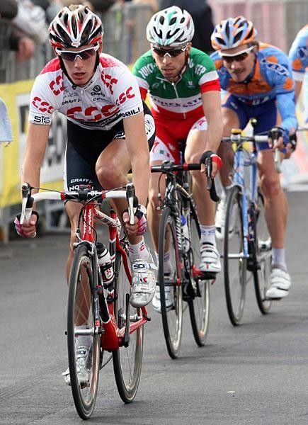 Andy Schleck (CSC) is followed by Italian champion Giovanni Visconti (Quick Step).