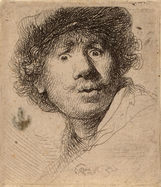 Rembrandt's, 'Self-Portrait in a Cap, Open-Mouthed' a 1630 etching.