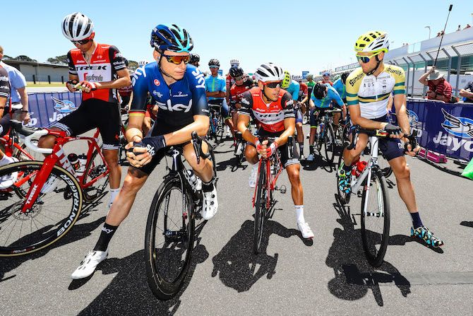 Richie Porte (Trek-Segafredo) has a chat with former Sky teammate Christian Knees and Australian road race champion Michael Freiberg (Pro Racing Sunshine Coast)