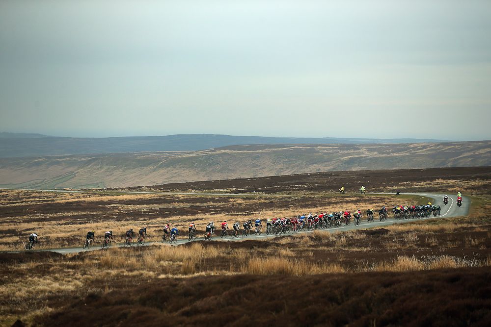 The peloton passes over the Yorkshire moors during stage three of the 2016 Tour de Yorkshire