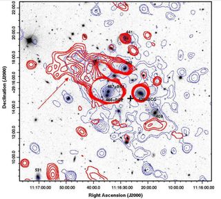 an inverse image of a galactic cluster showing several 'blobs' representing radio emissions