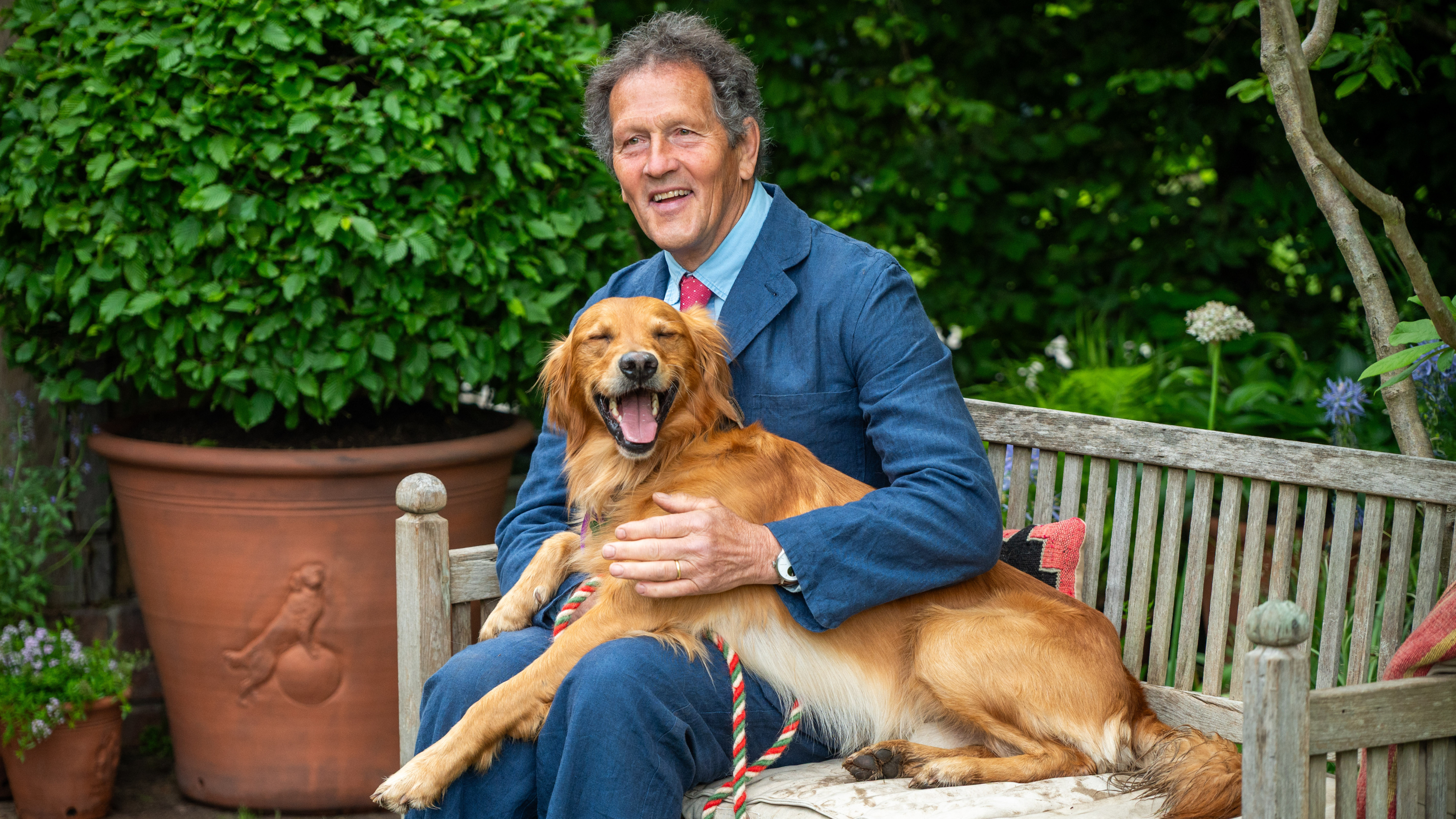 Monty Don sat on bench wearing blue suit. His golden retriver is sat on his lap.