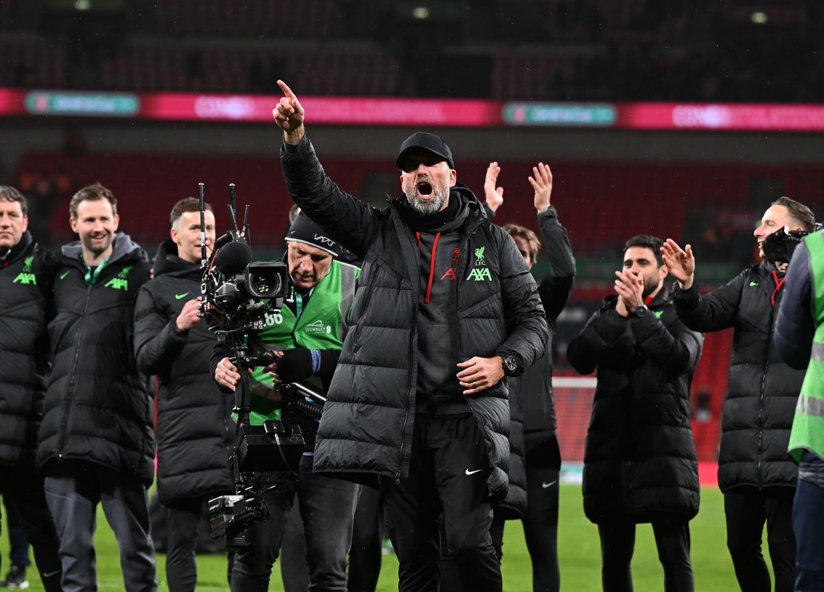 Jurgen Klopp sings You&#039;ll Never Walk Alone after Liverpool&#039;s Carabao Cup win against Chelsea in February 2024.