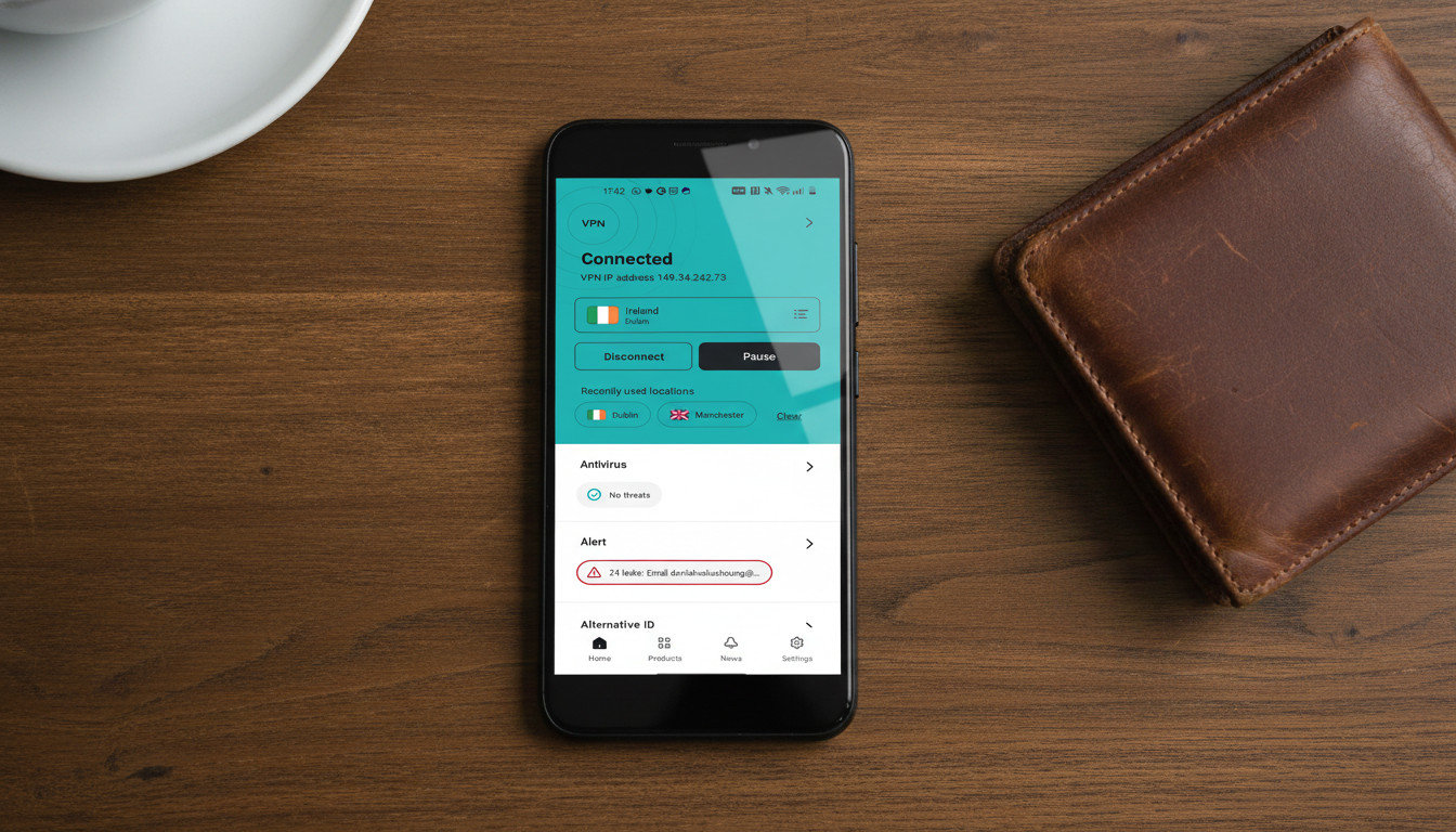 Surfshark VPN running on an Android phone, on a coffee table