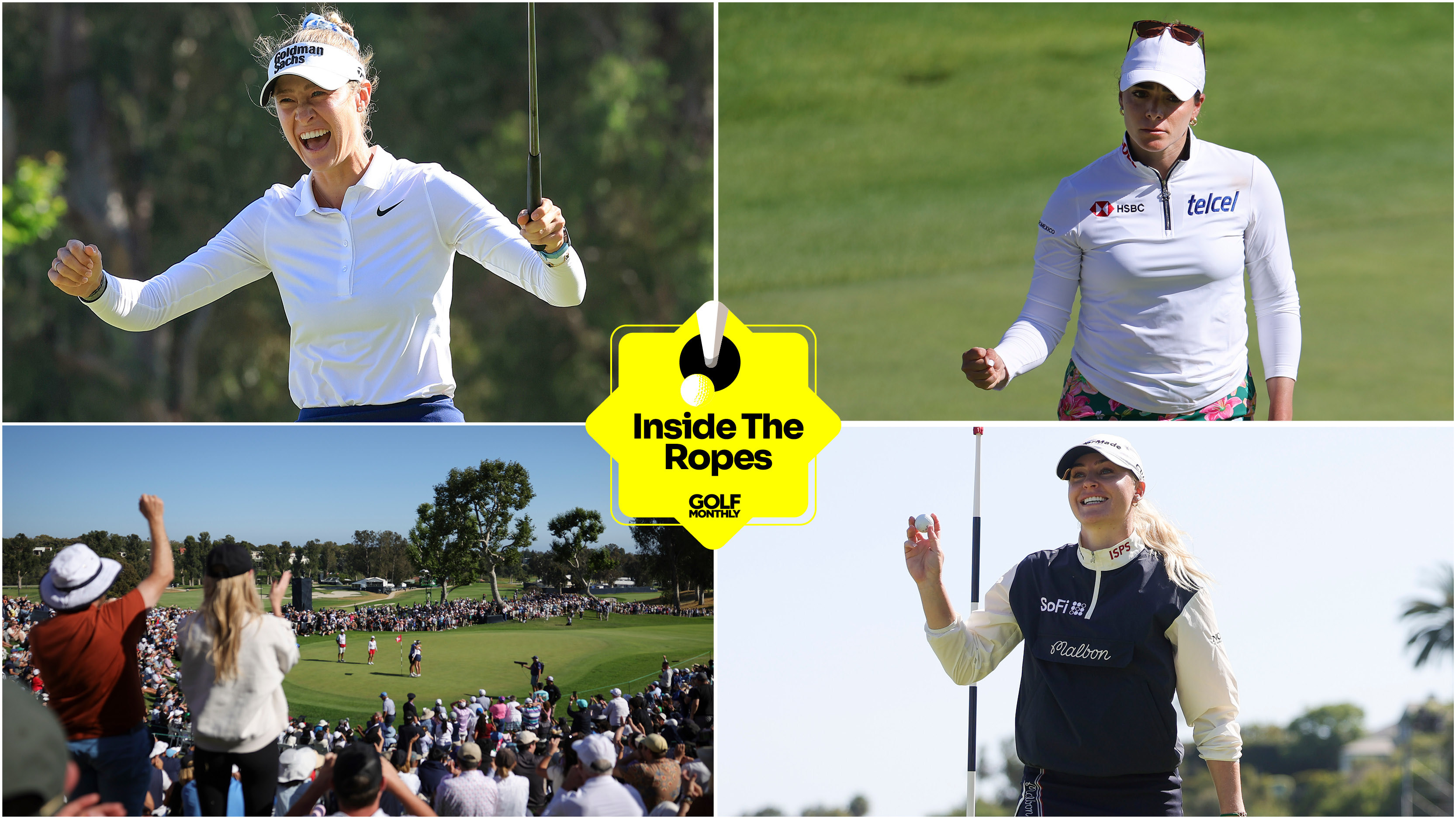 Nelly Korda, Gaby Lopez, the 18th at Riviera and Charley Hull with a yellow Golf Monthly Inside The Ropes sticker centered