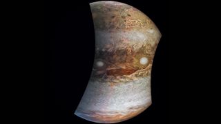 NASA's Juno spacecraft captured this image of Jupiter during a flyby in 2017, and citizen scientist Jason Major processed the raw data from Juno to highlight the smug-looking mug formed by storms swirling in the planet's atmosphere. Major named this image "Jovey McJupiterface."