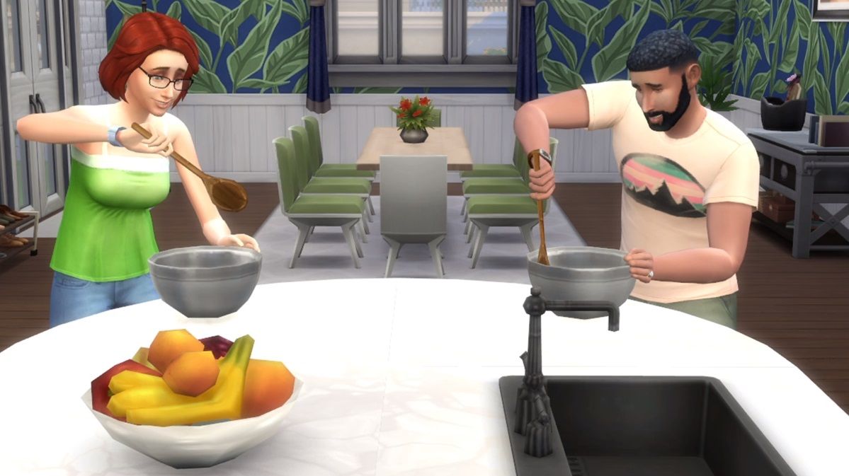 A female and male Sim cooking together