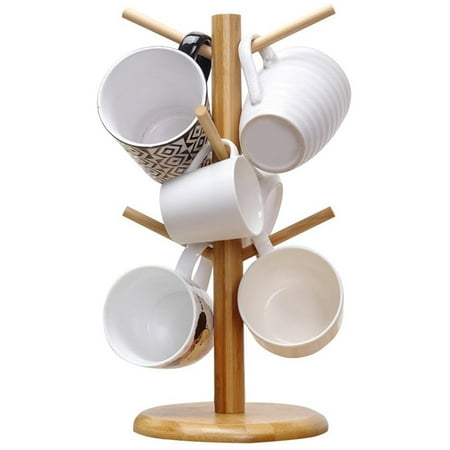 Ruseen Bamboo Mug Holder Tree, Coffee Cup Holder, Thicker Base Coffee Cup Holder Stand for Counter, Countertop Organizer, Mug Rack With 6 Hooks