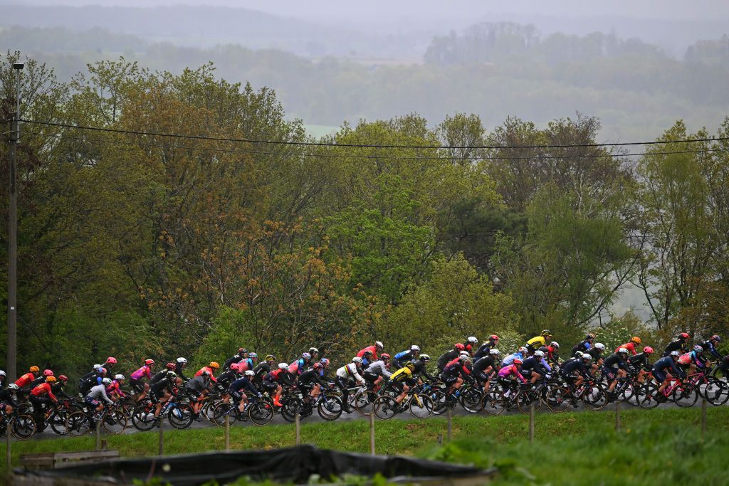 HUY BELGIUM APRIL 17 A general view of the peloton passing through a landscape during the 27th La Fleche Wallonne Feminine 2024 a 146km one day race from Huy to Huy UCIWWT on April 17 2024 in Huy Belgium Photo by Luc ClaessenGetty Images