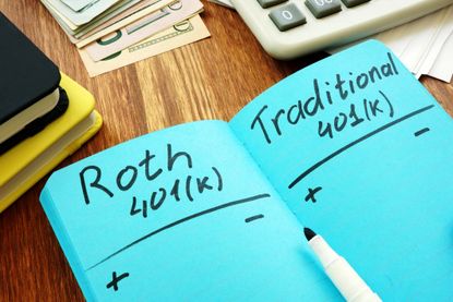 Roth 401k vs traditional. Comparison of retirement plans in a notebook.