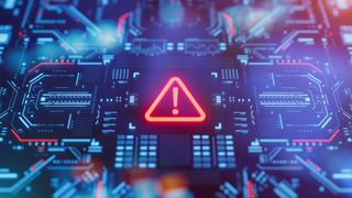 Data breach costs concept image showing a red alert symbol pictured on a digitized circuit board.